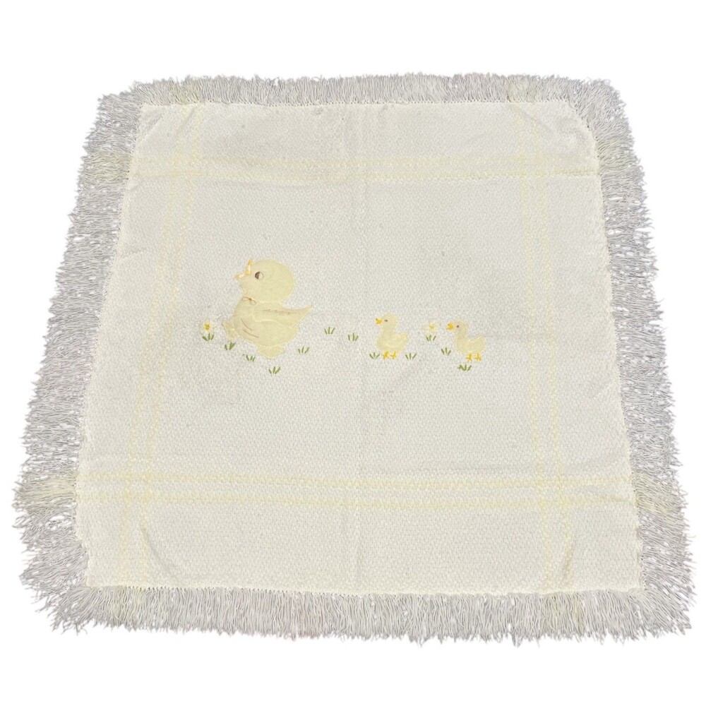 Vintage Waffle Weave Baby Blanket Fringe Yellow Made In Italy Ducks Rescue READ